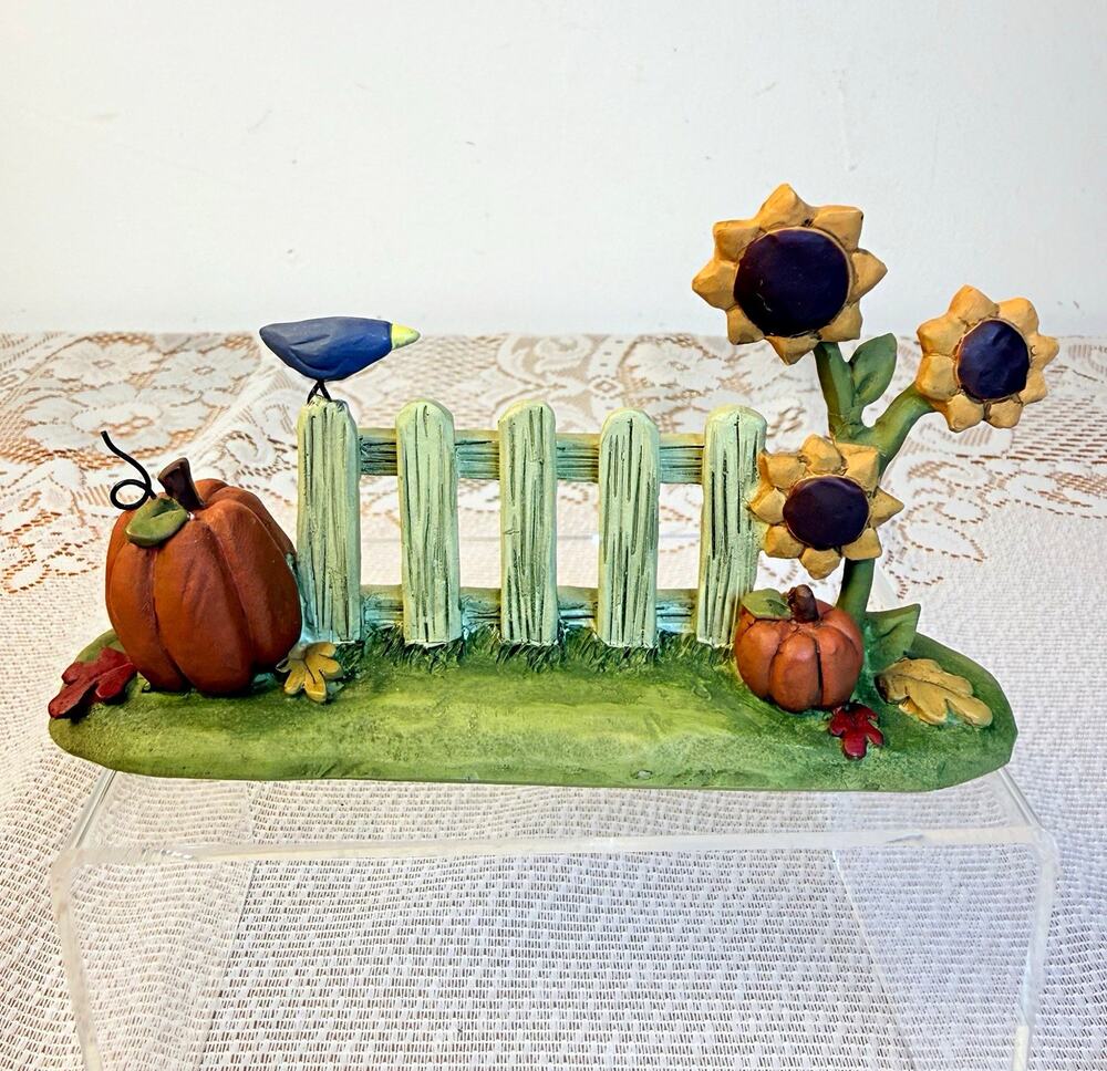 Blossom Bucket Suzi Resin Fall Pumpkin Fence Flower Bird Figurine 116-84563 Rare